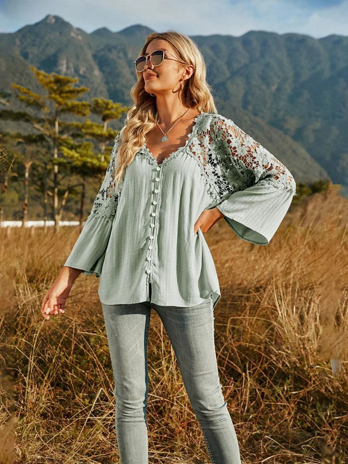 Spliced Lace Buttoned Blouse - VILLA FASHION