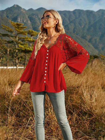 Spliced Lace Buttoned Blouse - VILLA FASHION