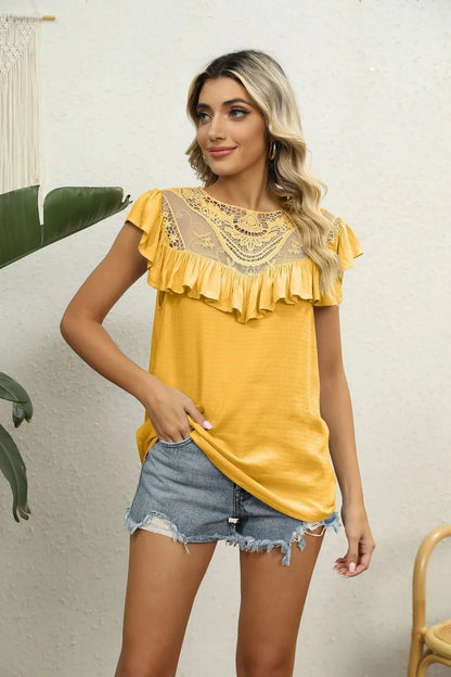 Spliced Lace Ruffled Blouse - VILLA FASHION