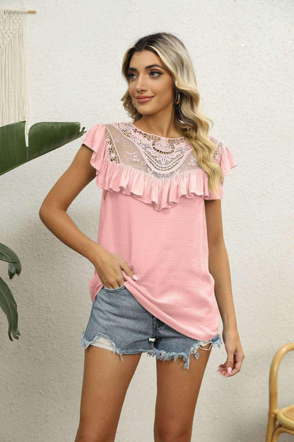 Spliced Lace Ruffled Blouse - VILLA FASHION