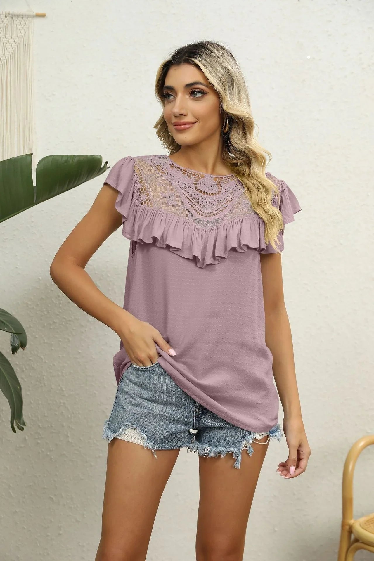 Spliced Lace Ruffled Blouse - VILLA FASHION