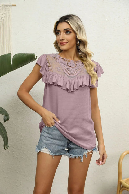 Spliced Lace Ruffled Blouse - VILLA FASHION