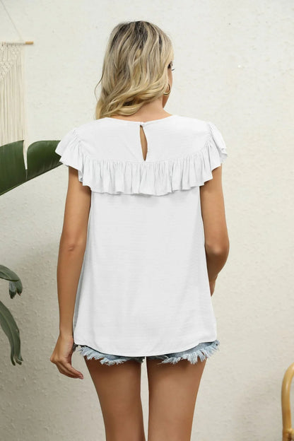 Spliced Lace Ruffled Blouse - VILLA FASHION
