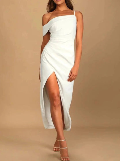 Split Asymmetrical Neck Midi Dress - VILLA FASHION