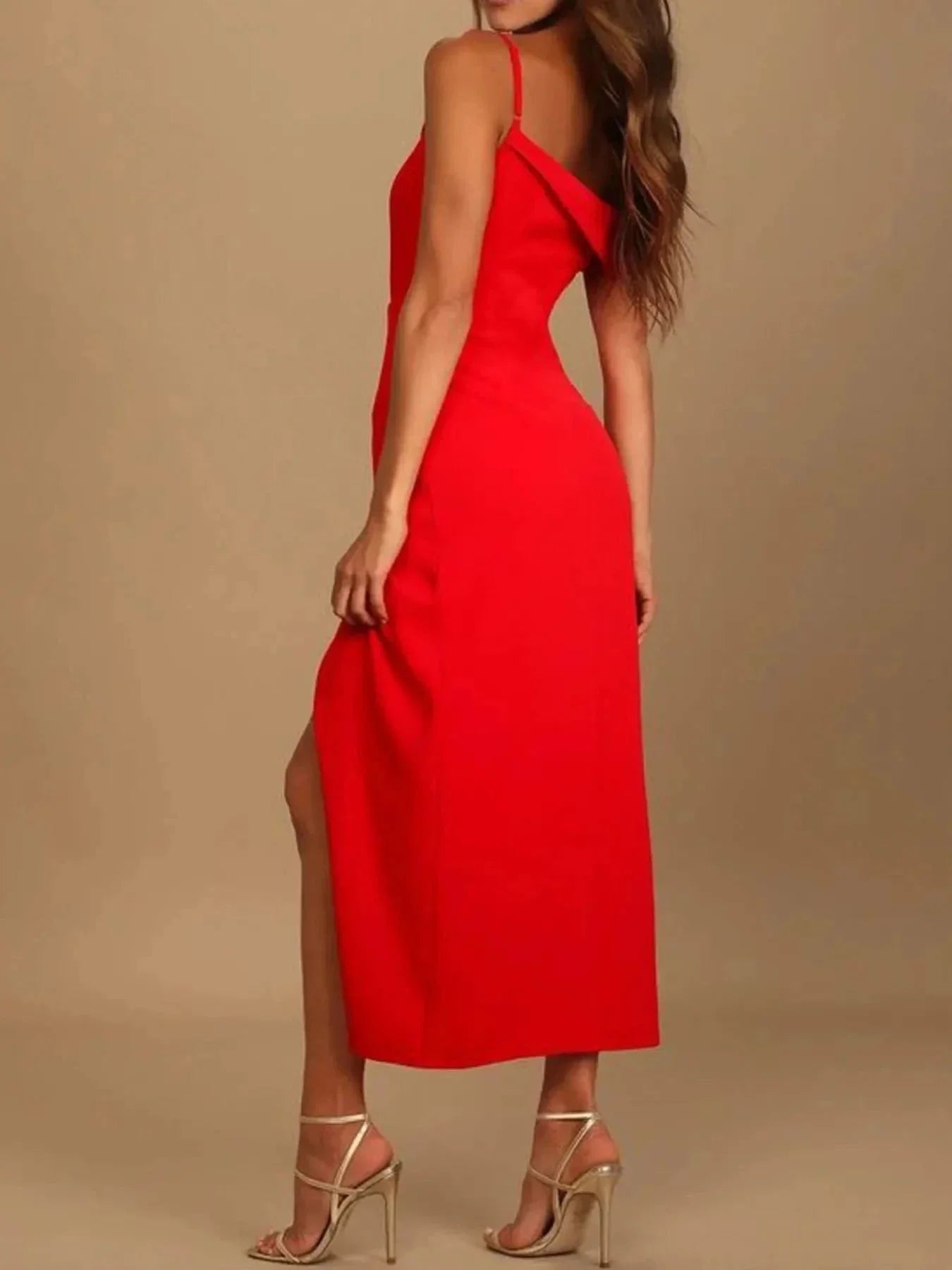 Split Asymmetrical Neck Midi Dress - VILLA FASHION