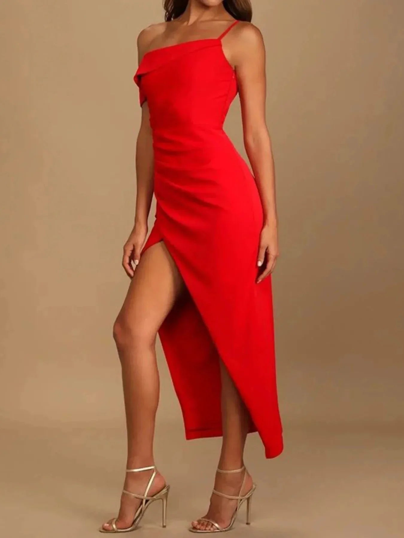 Split Asymmetrical Neck Midi Dress - VILLA FASHION