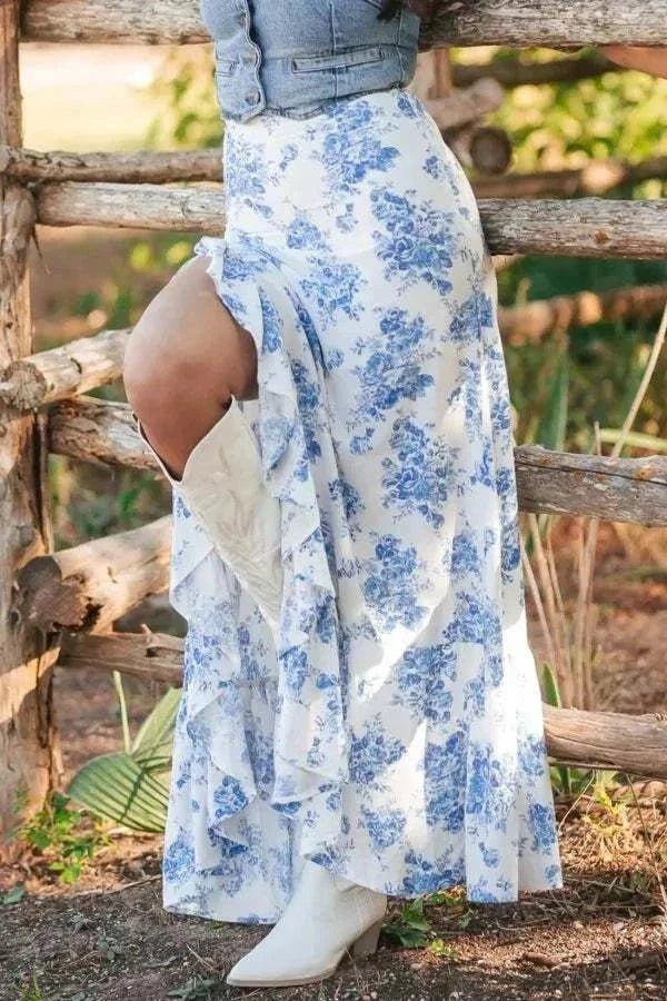 Split Asymmetrical Ruffled Printed Skirt - VILLA FASHION