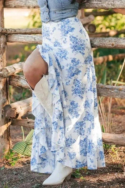Split Asymmetrical Ruffled Printed Skirt - VILLA FASHION