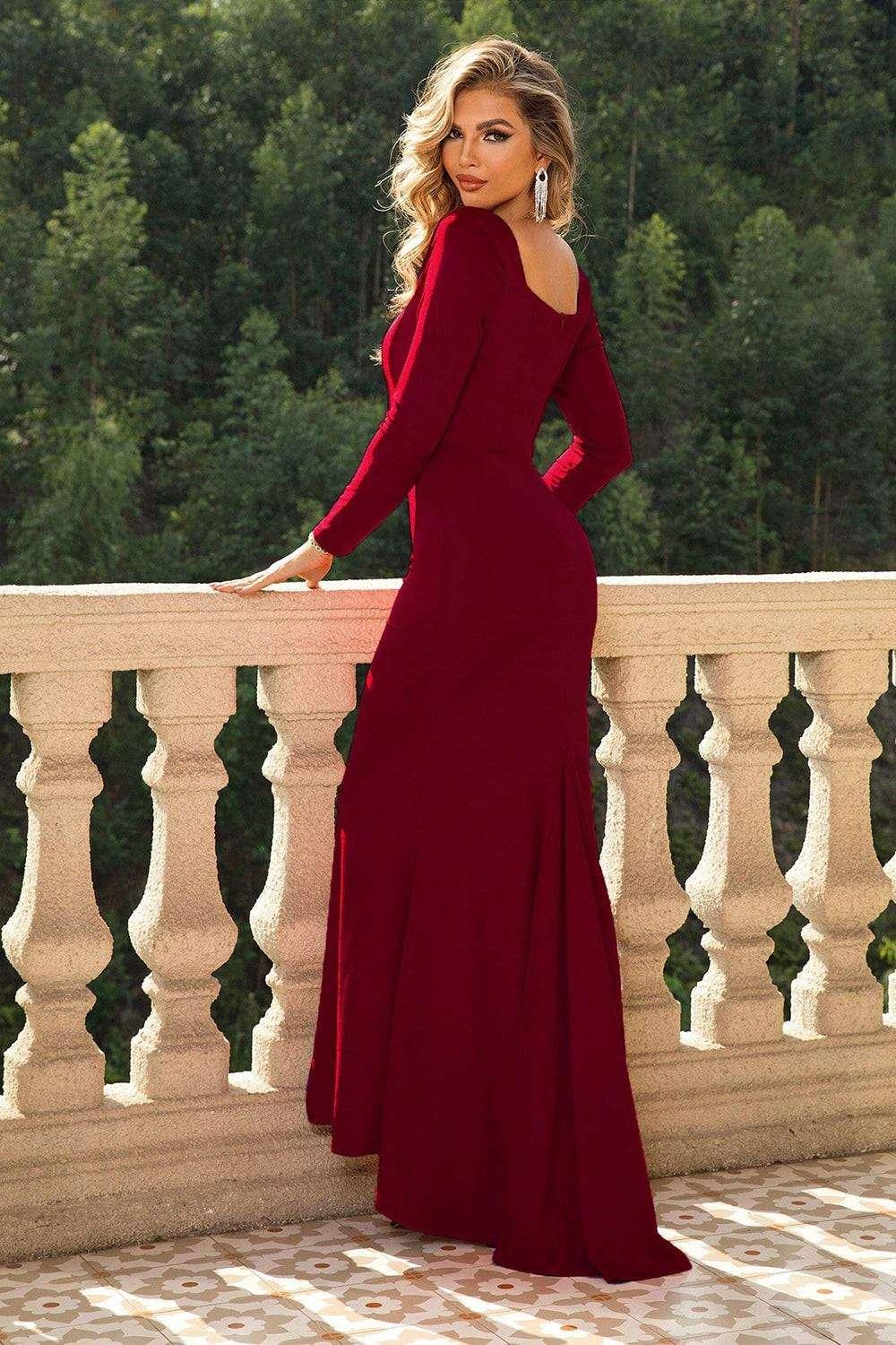 Square Neck Long Sleeve Dress - VILLA FASHION