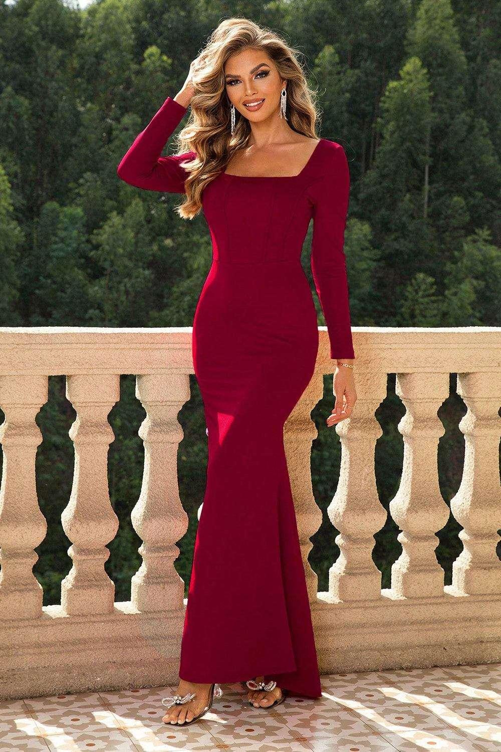 Square Neck Long Sleeve Dress - VILLA FASHION