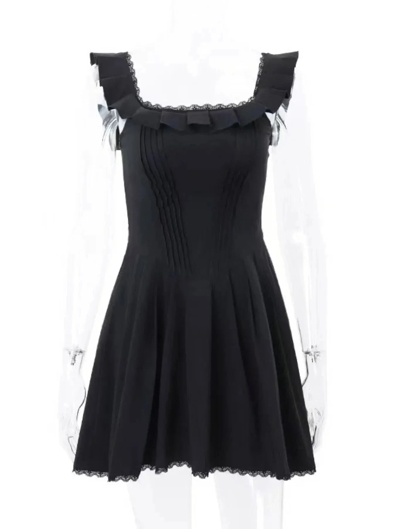 Square Neck Pleated Mini Dress - VILLA FASHION