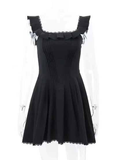 Square Neck Pleated Mini Dress - VILLA FASHION