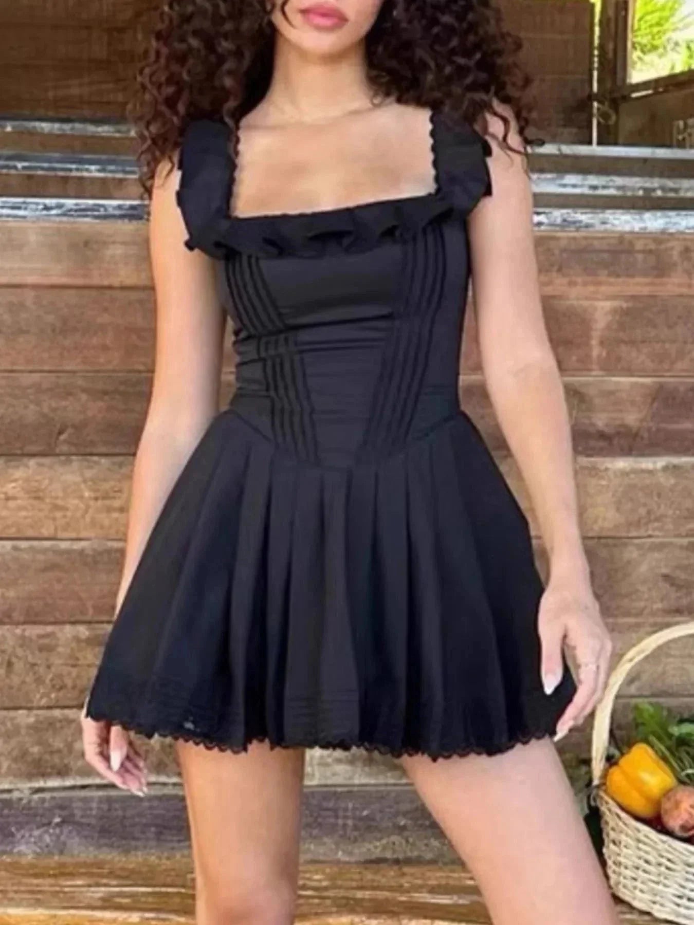 Square Neck Pleated Mini Dress - VILLA FASHION