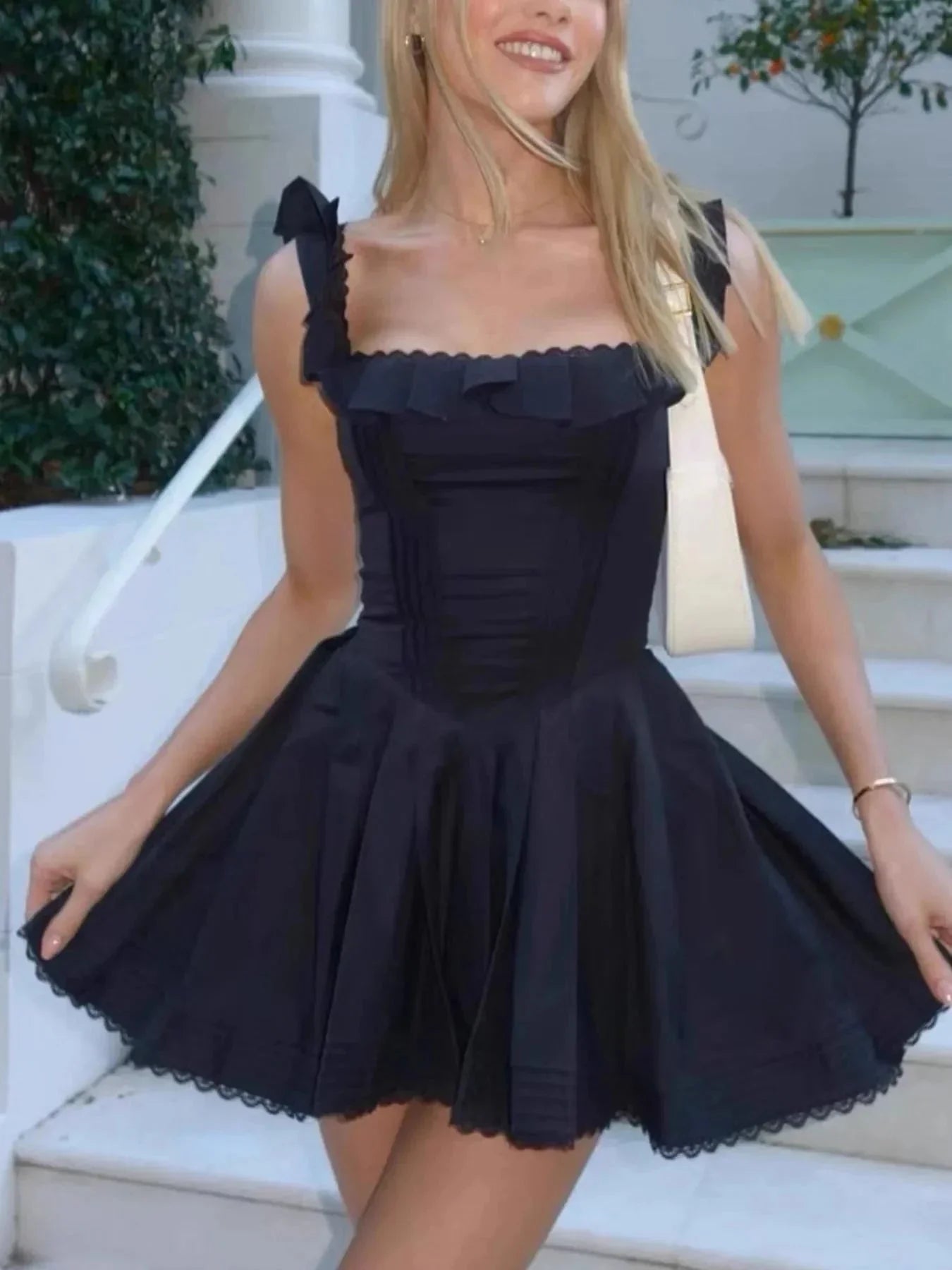 Square Neck Pleated Mini Dress - VILLA FASHION