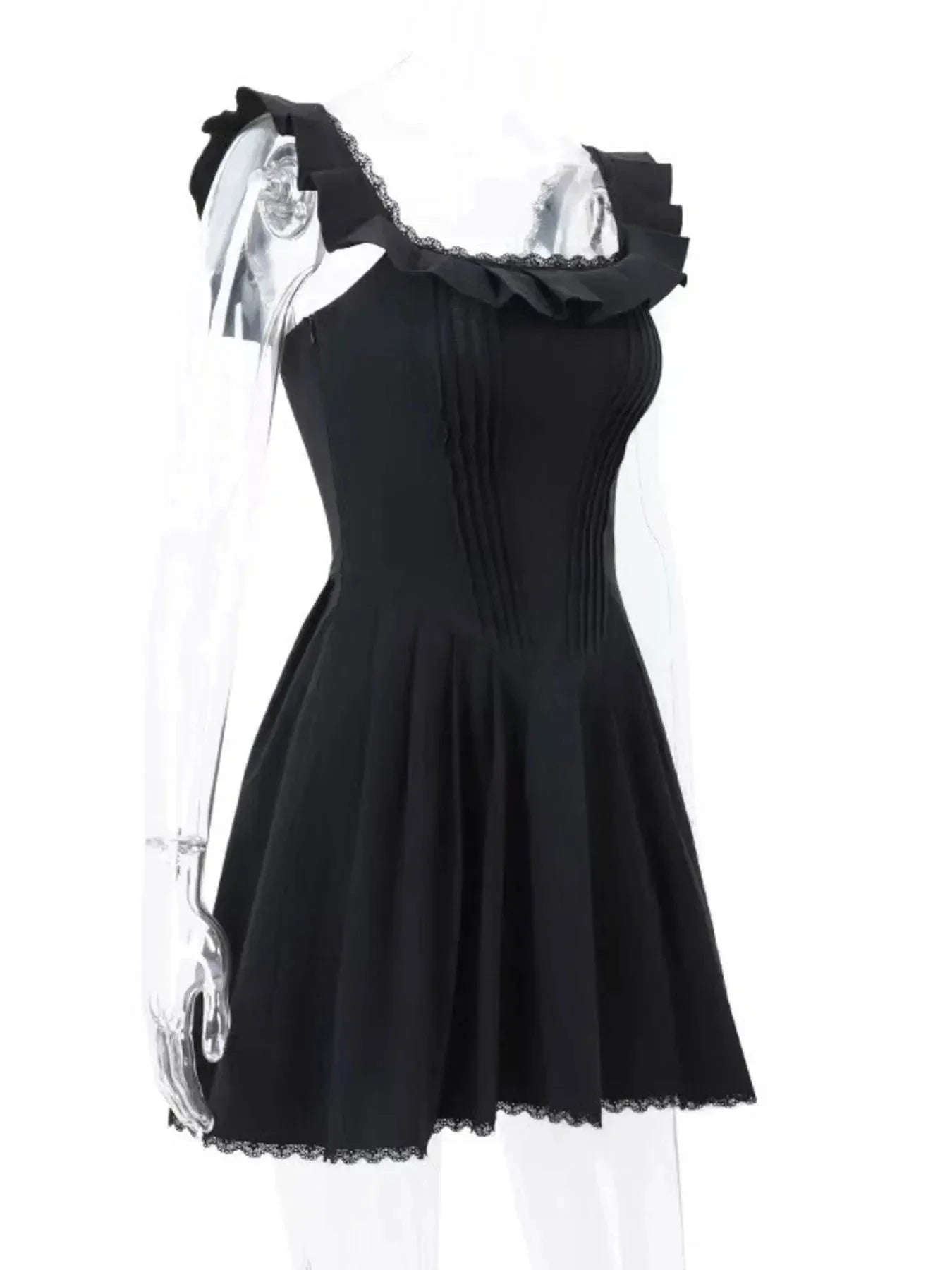 Square Neck Pleated Mini Dress - VILLA FASHION