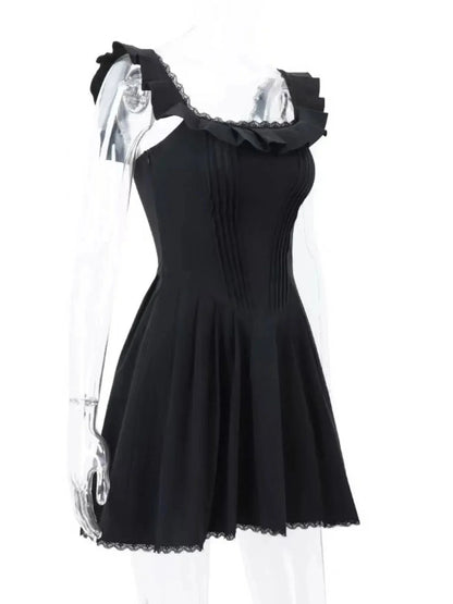 Square Neck Pleated Mini Dress - VILLA FASHION