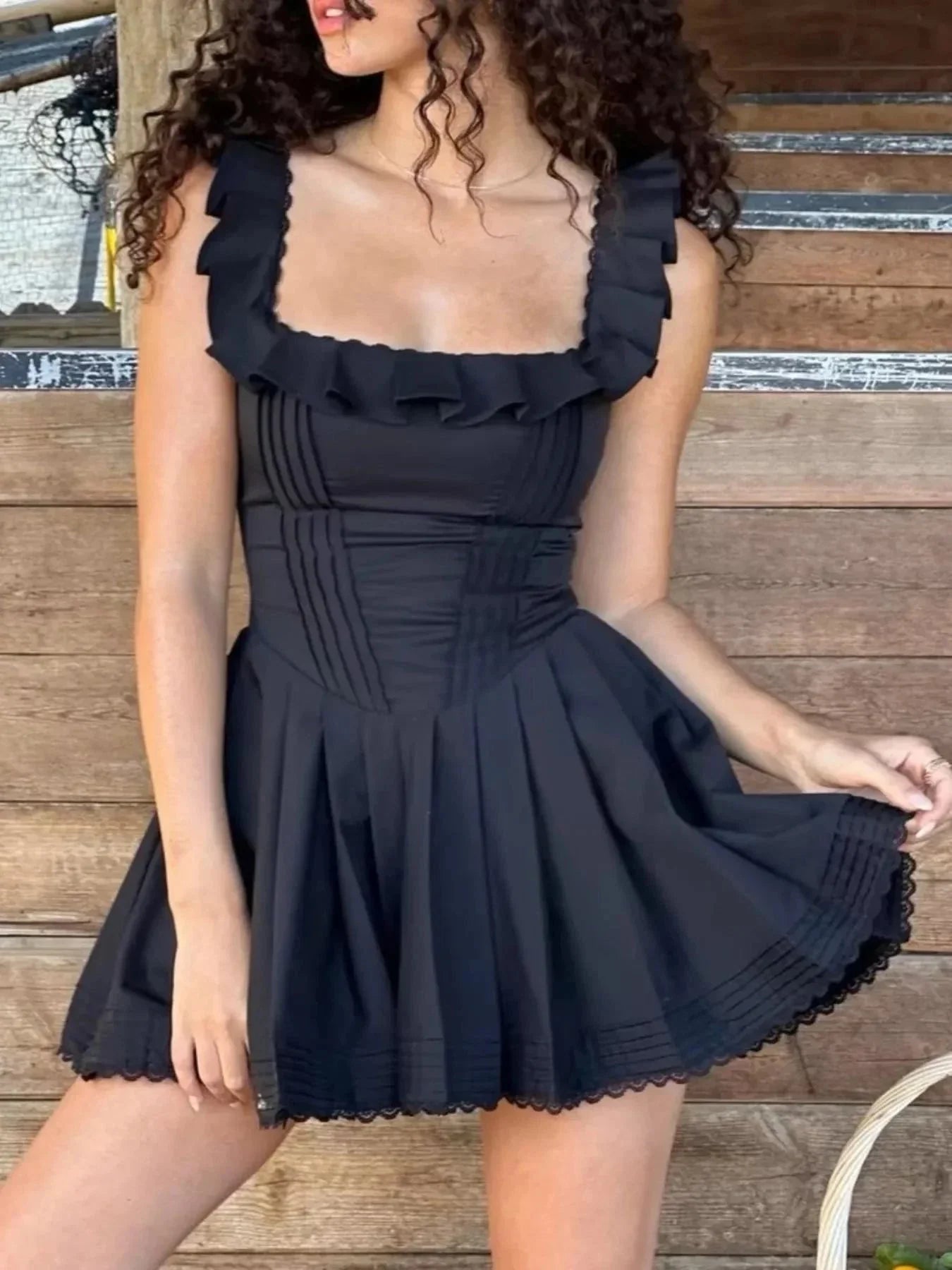 Square Neck Pleated Mini Dress - VILLA FASHION