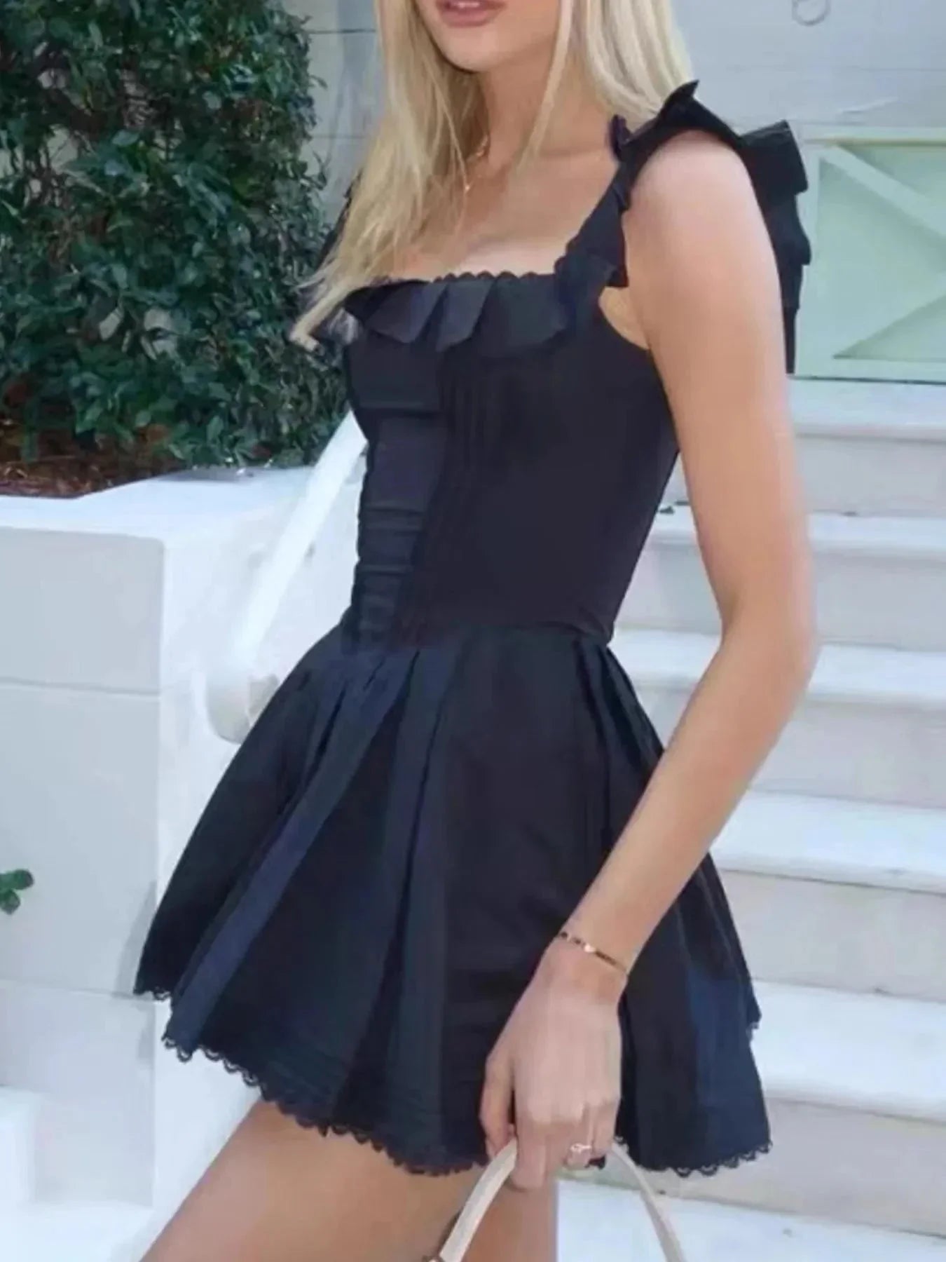 Square Neck Pleated Mini Dress - VILLA FASHION