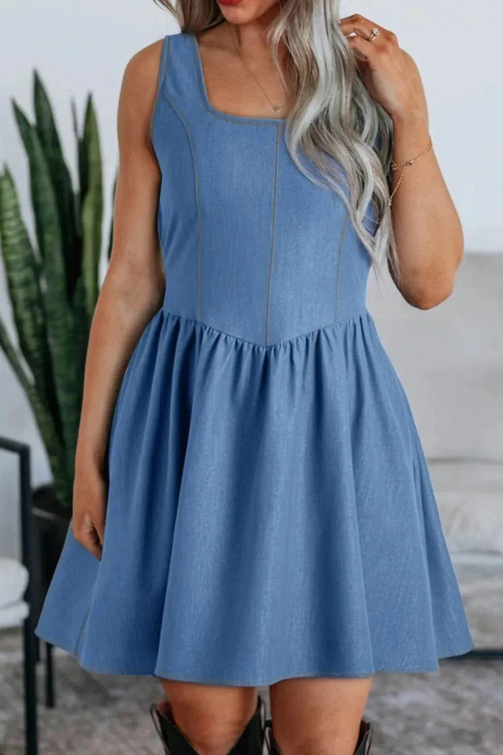 Square Neck Sleeveless Mini Dress - VILLA FASHION