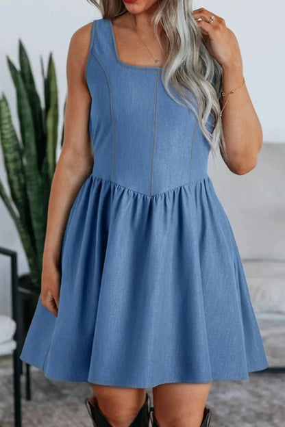 Square Neck Sleeveless Mini Dress - VILLA FASHION