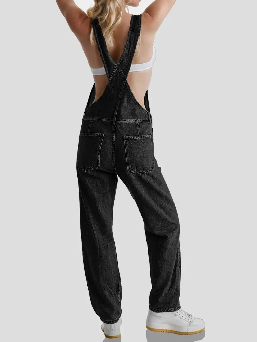 Square Neck Wide Strap Denim Overalls - VILLA FASHION