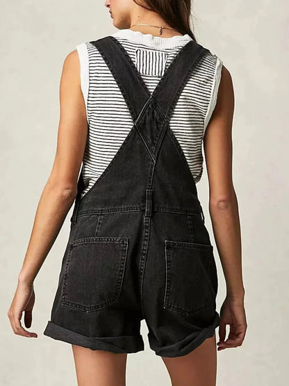 Square Neck Wide Strap Denim Overalls - VILLA FASHION