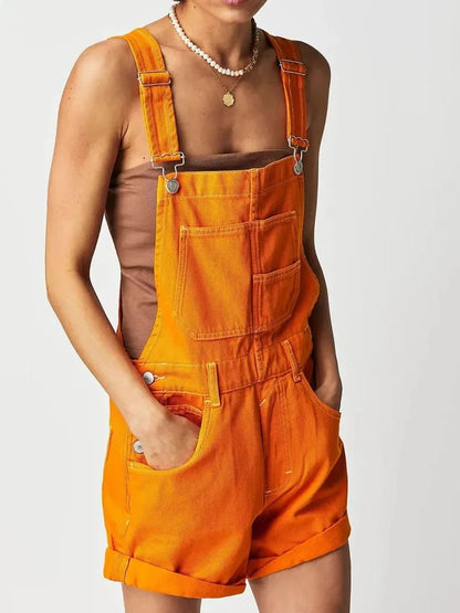 Square Neck Wide Strap Denim Overalls - VILLA FASHION