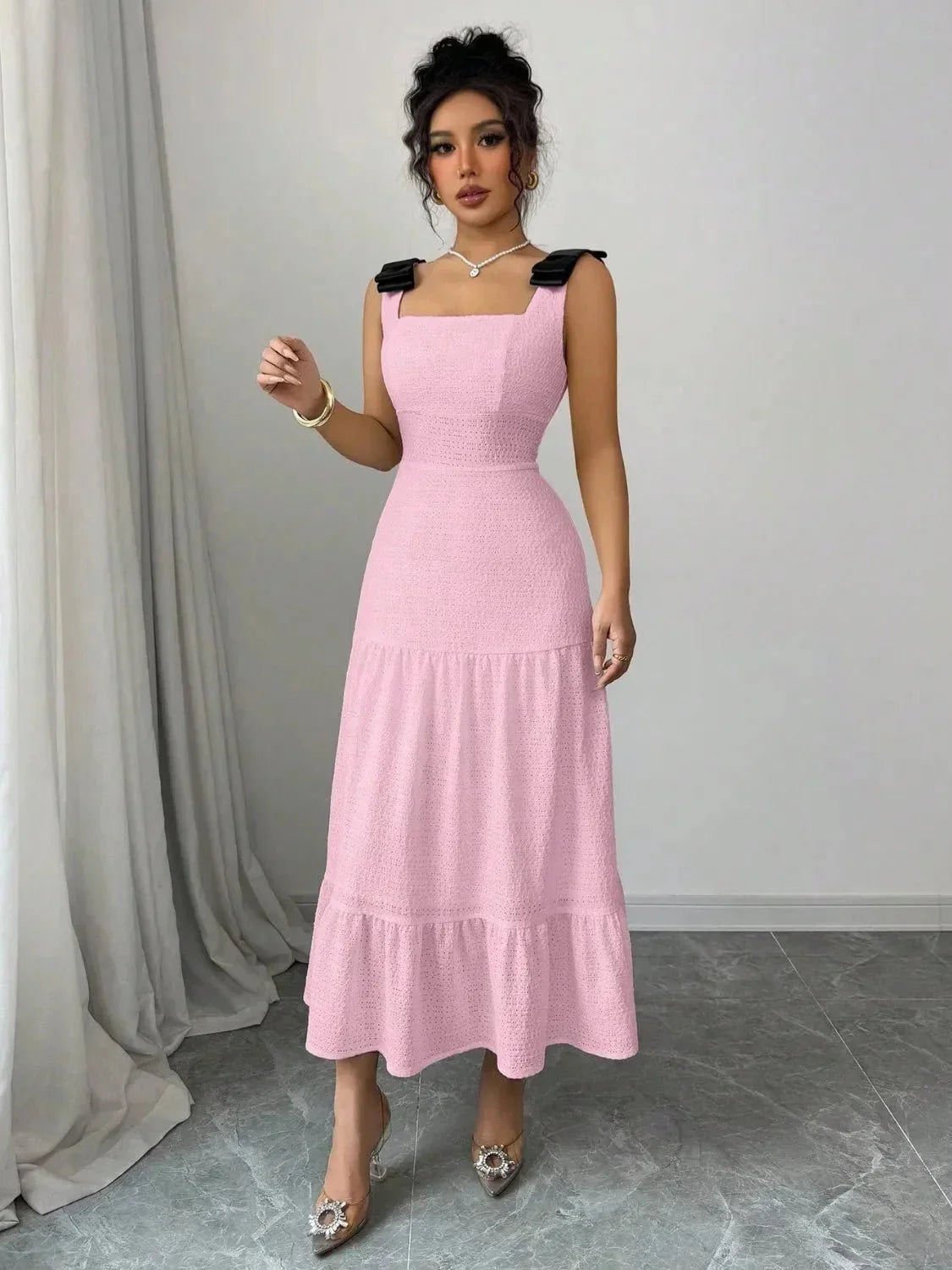 Square Neck Wide Strap Dress - VILLA FASHION