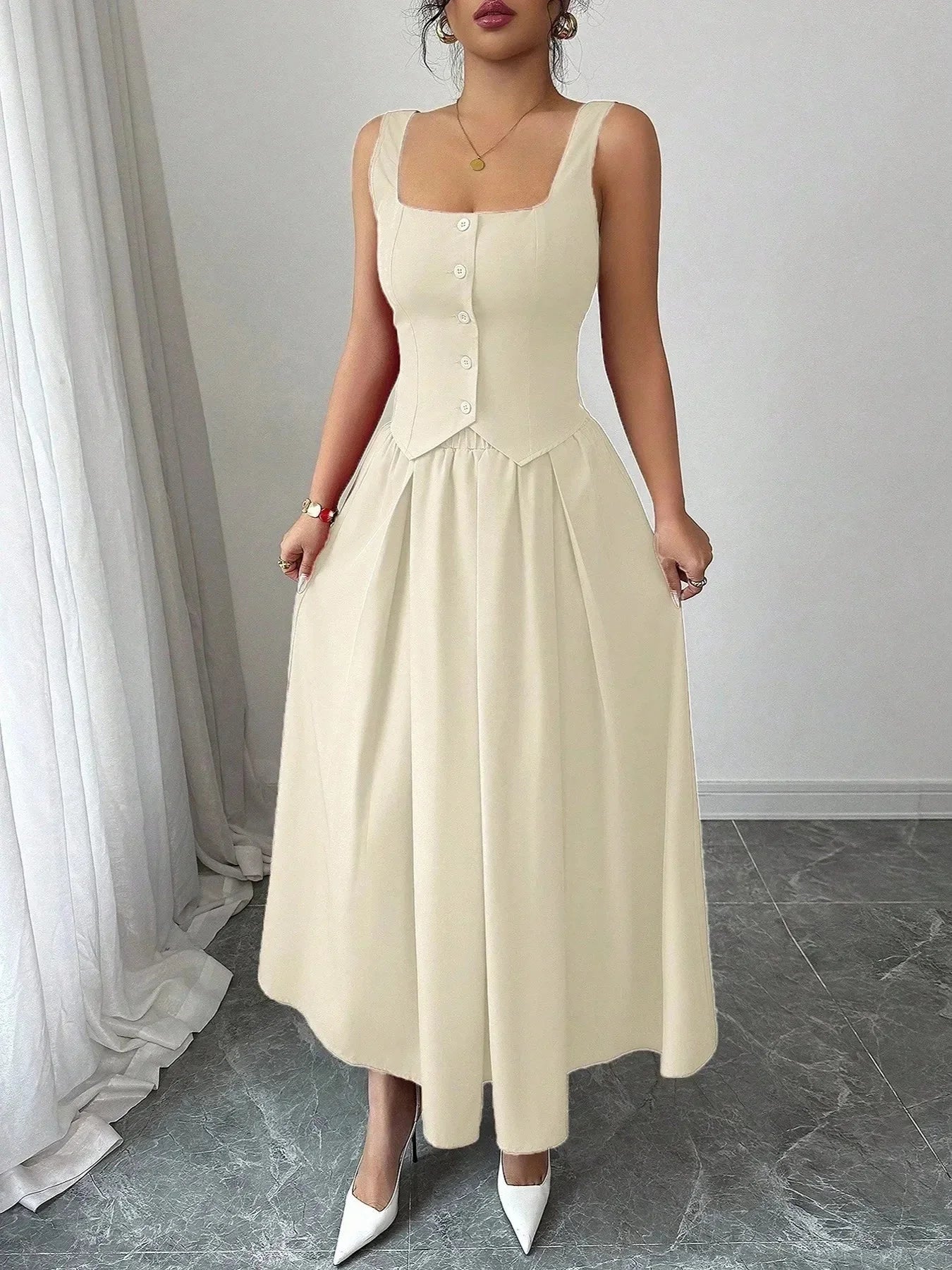 Square Neck Wide Strap Midi Dress - VILLA FASHION