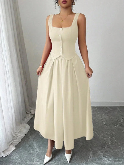 Square Neck Wide Strap Midi Dress - VILLA FASHION