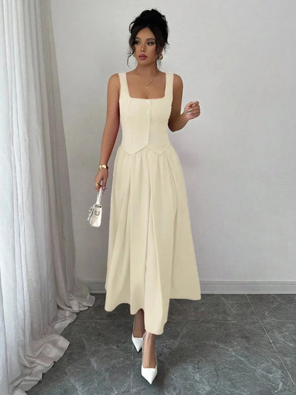 Square Neck Wide Strap Midi Dress - VILLA FASHION