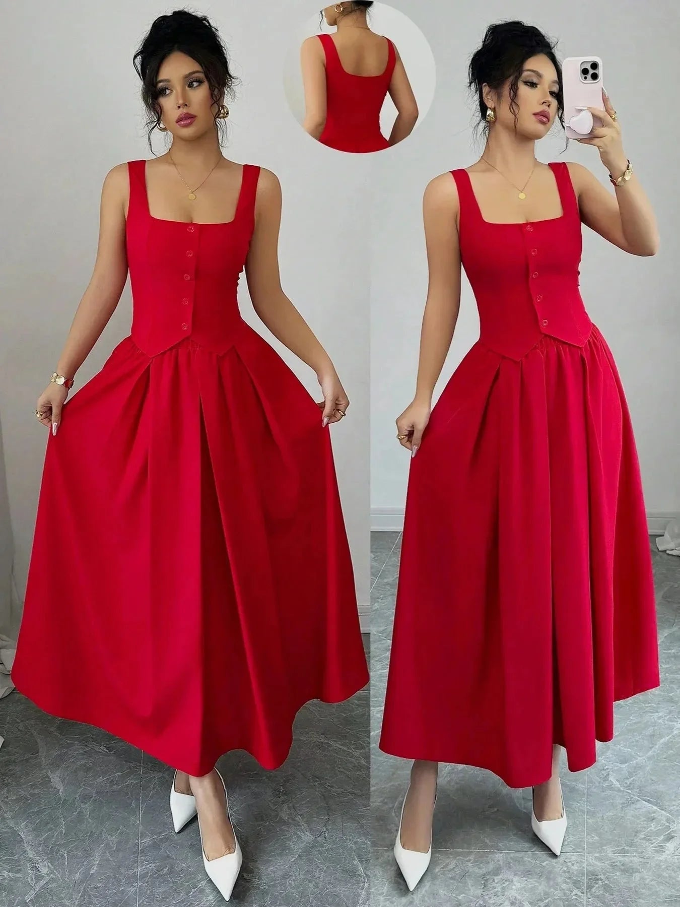 Square Neck Wide Strap Midi Dress - VILLA FASHION