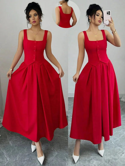 Square Neck Wide Strap Midi Dress - VILLA FASHION