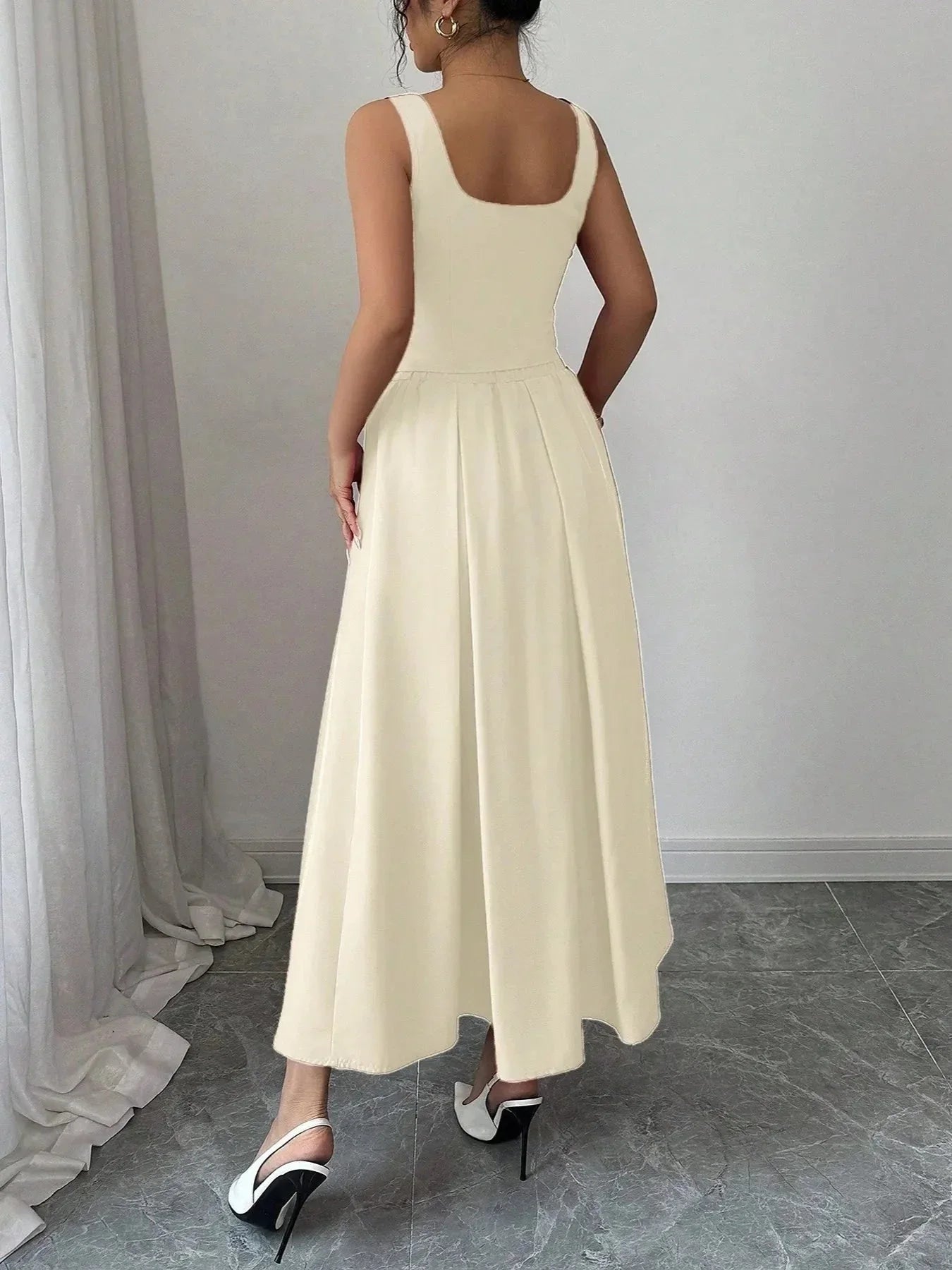 Square Neck Wide Strap Midi Dress - VILLA FASHION