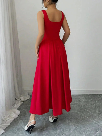 Square Neck Wide Strap Midi Dress - VILLA FASHION