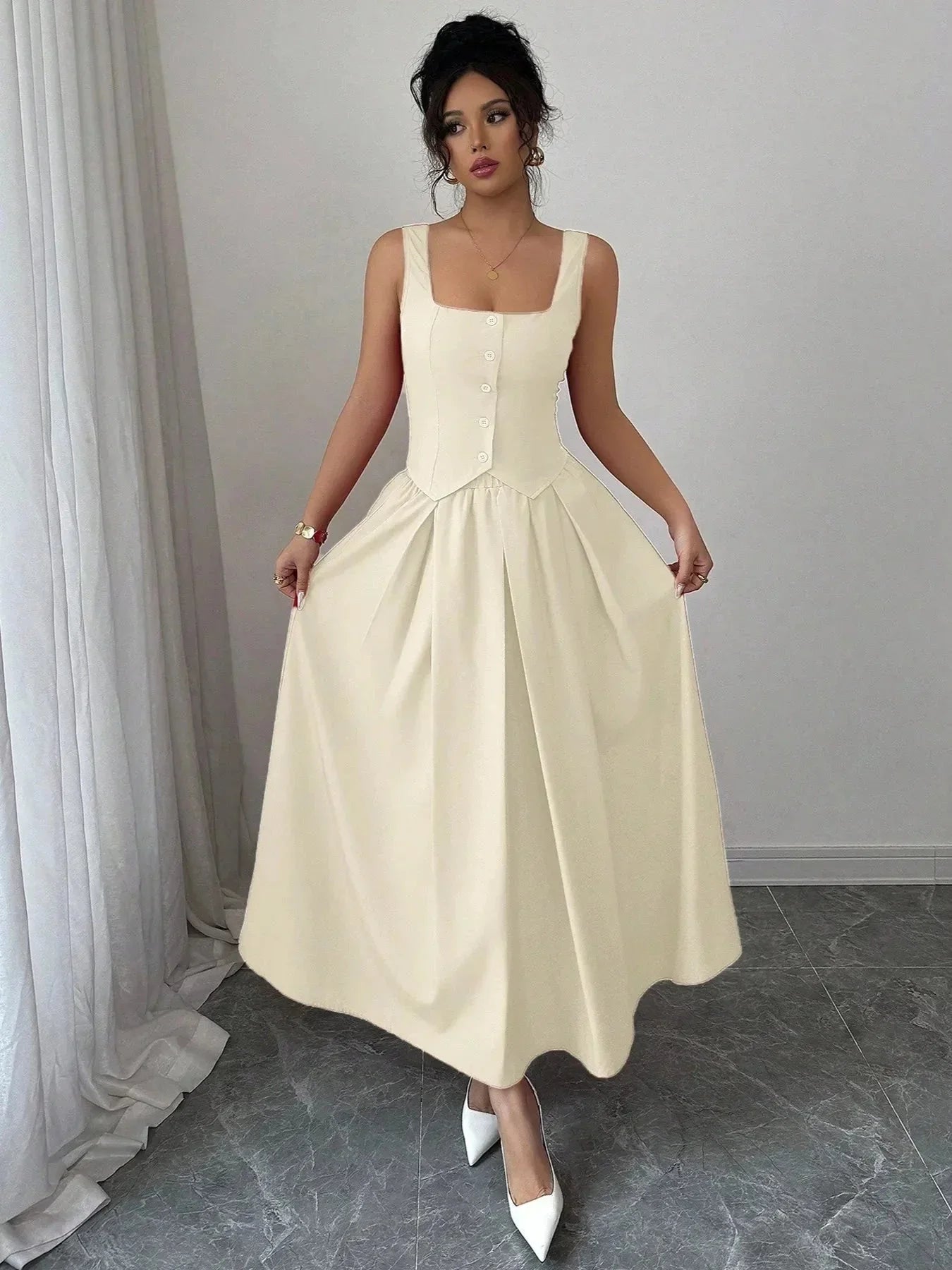 Square Neck Wide Strap Midi Dress - VILLA FASHION