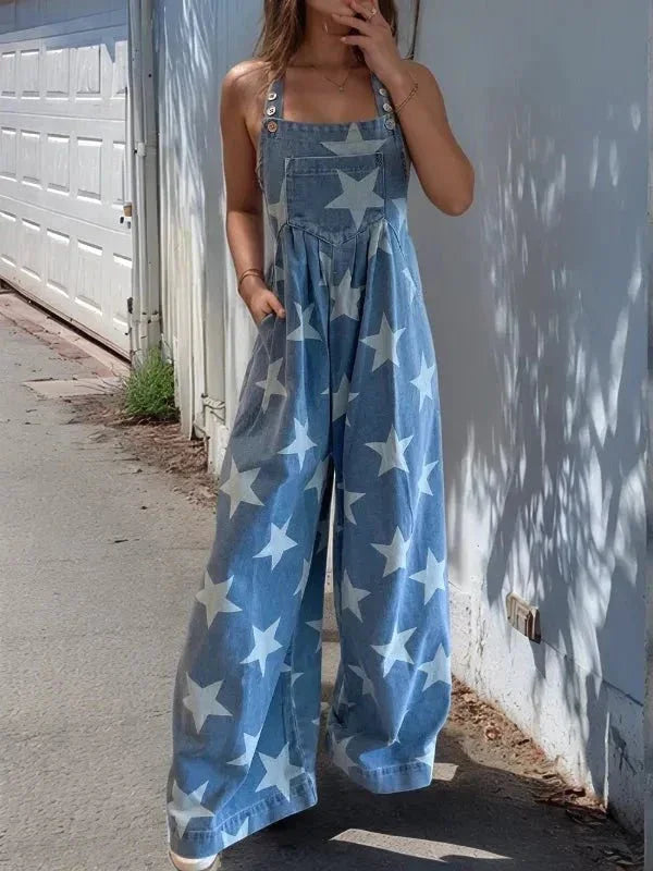 Star Print Buttoned Strap Wide Leg Denim Overalls - VILLA FASHION