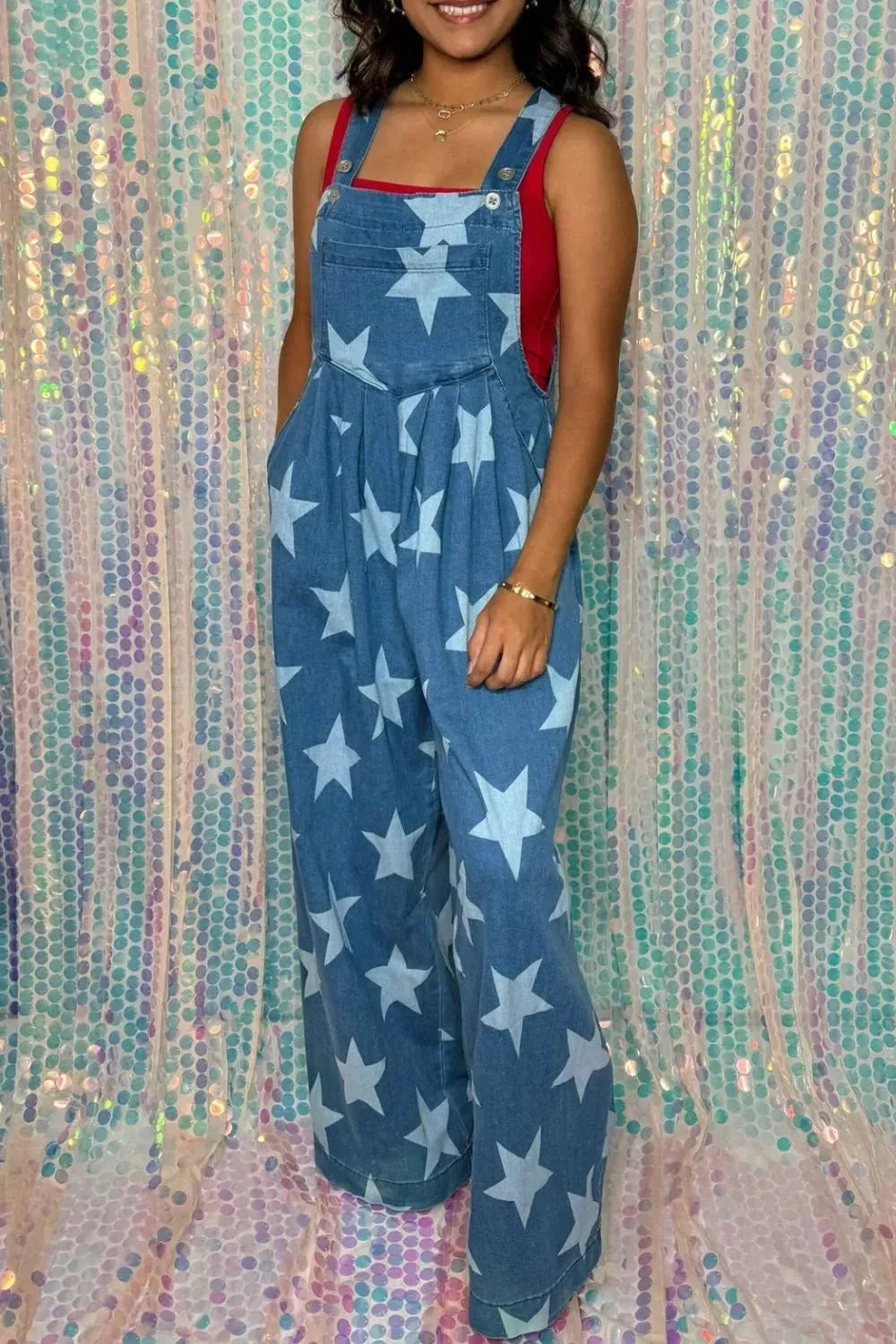 Star Print Buttoned Strap Wide Leg Denim Overalls - VILLA FASHION