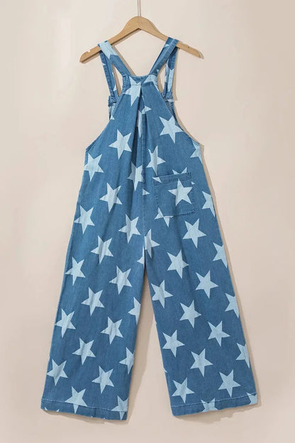 Star Print Buttoned Strap Wide Leg Denim Overalls - VILLA FASHION