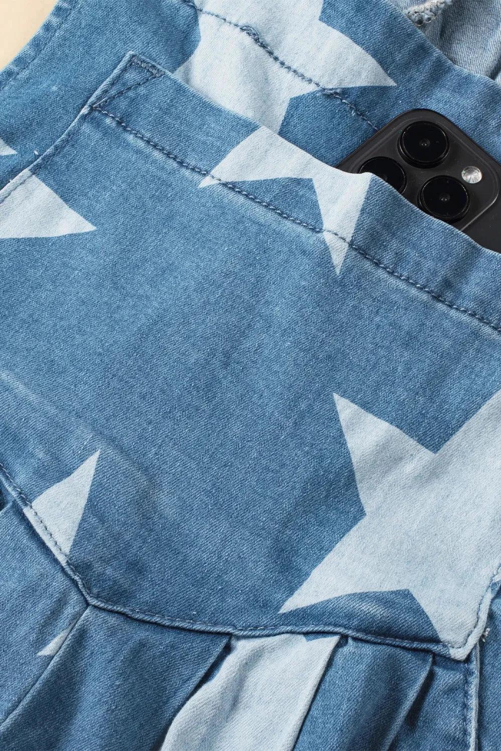 Star Print Buttoned Strap Wide Leg Denim Overalls - VILLA FASHION