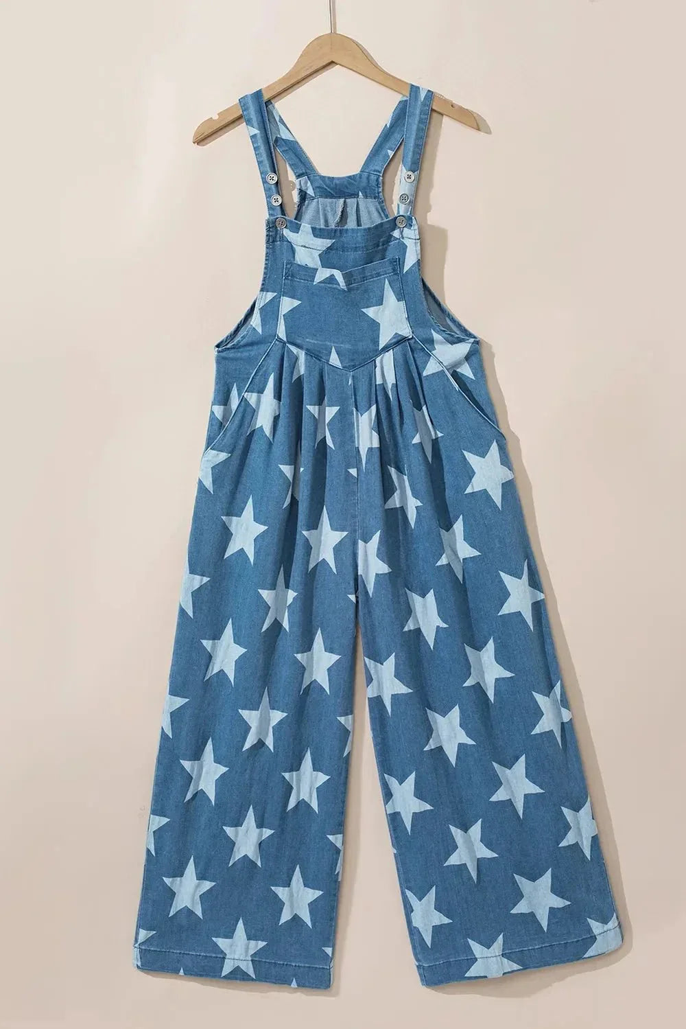 Star Print Buttoned Strap Wide Leg Denim Overalls - VILLA FASHION