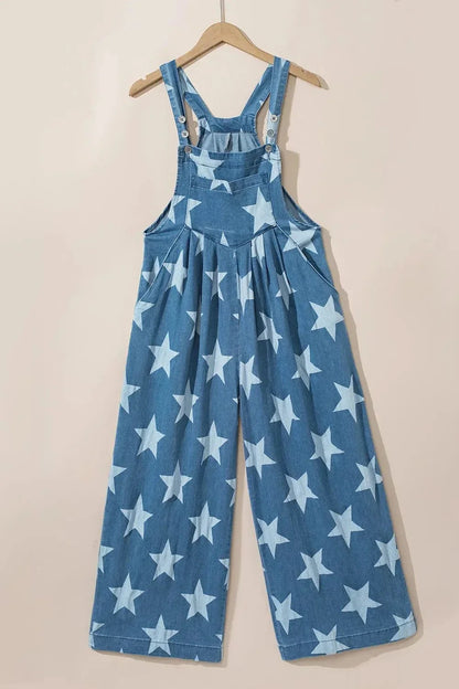 Star Print Buttoned Strap Wide Leg Denim Overalls - VILLA FASHION
