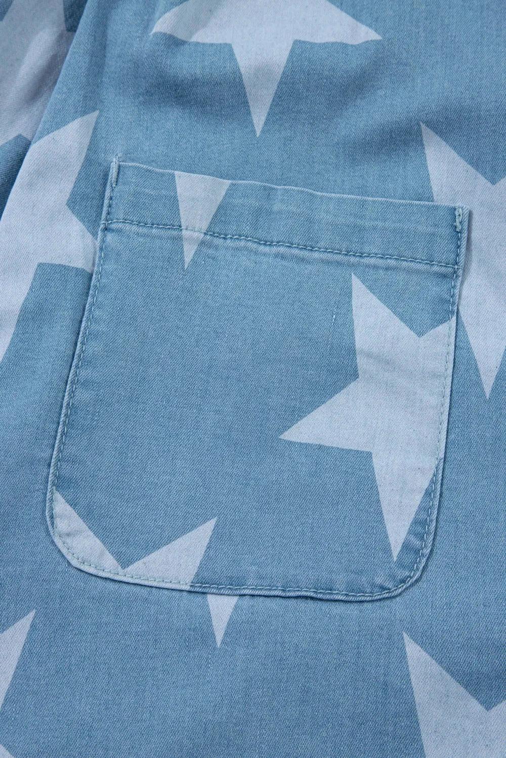 Star Print Square Neck Denim Overalls - VILLA FASHION