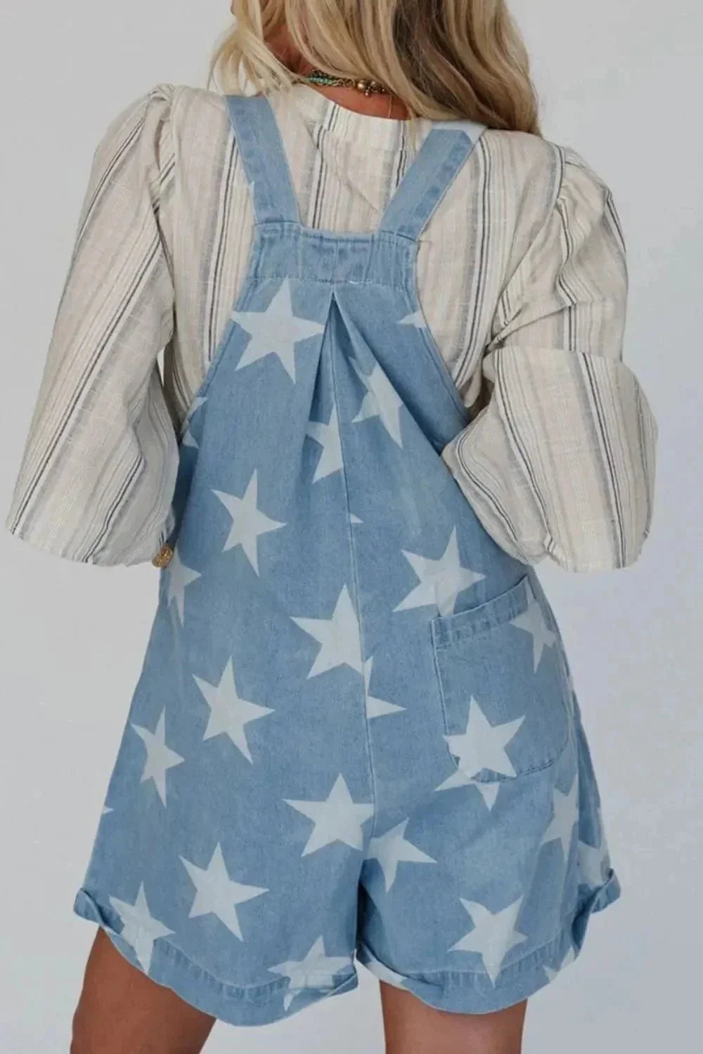 Star Print Square Neck Denim Overalls - VILLA FASHION