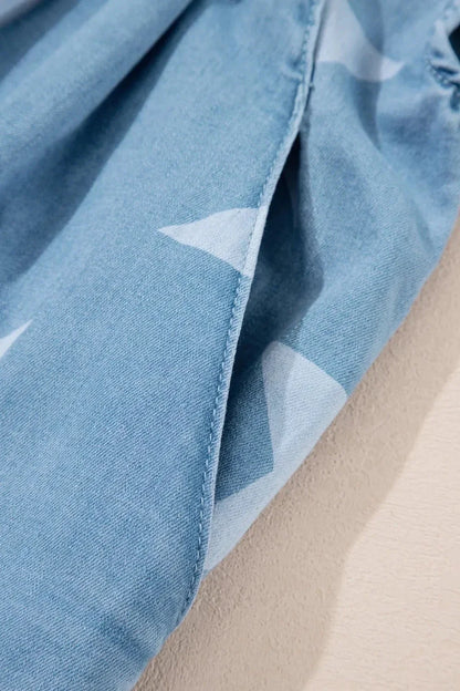 Star Print Square Neck Denim Overalls - VILLA FASHION