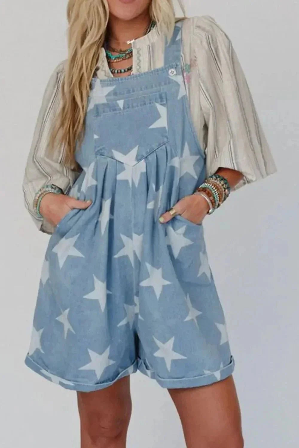 Star Print Square Neck Denim Overalls - VILLA FASHION
