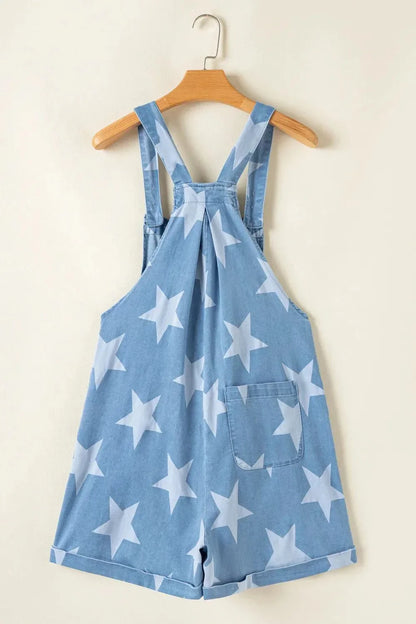 Star Print Square Neck Denim Overalls - VILLA FASHION