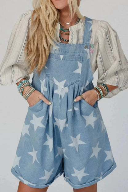 Star Print Square Neck Denim Overalls - VILLA FASHION