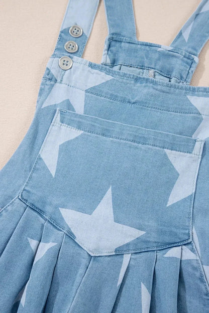 Star Print Square Neck Denim Overalls - VILLA FASHION