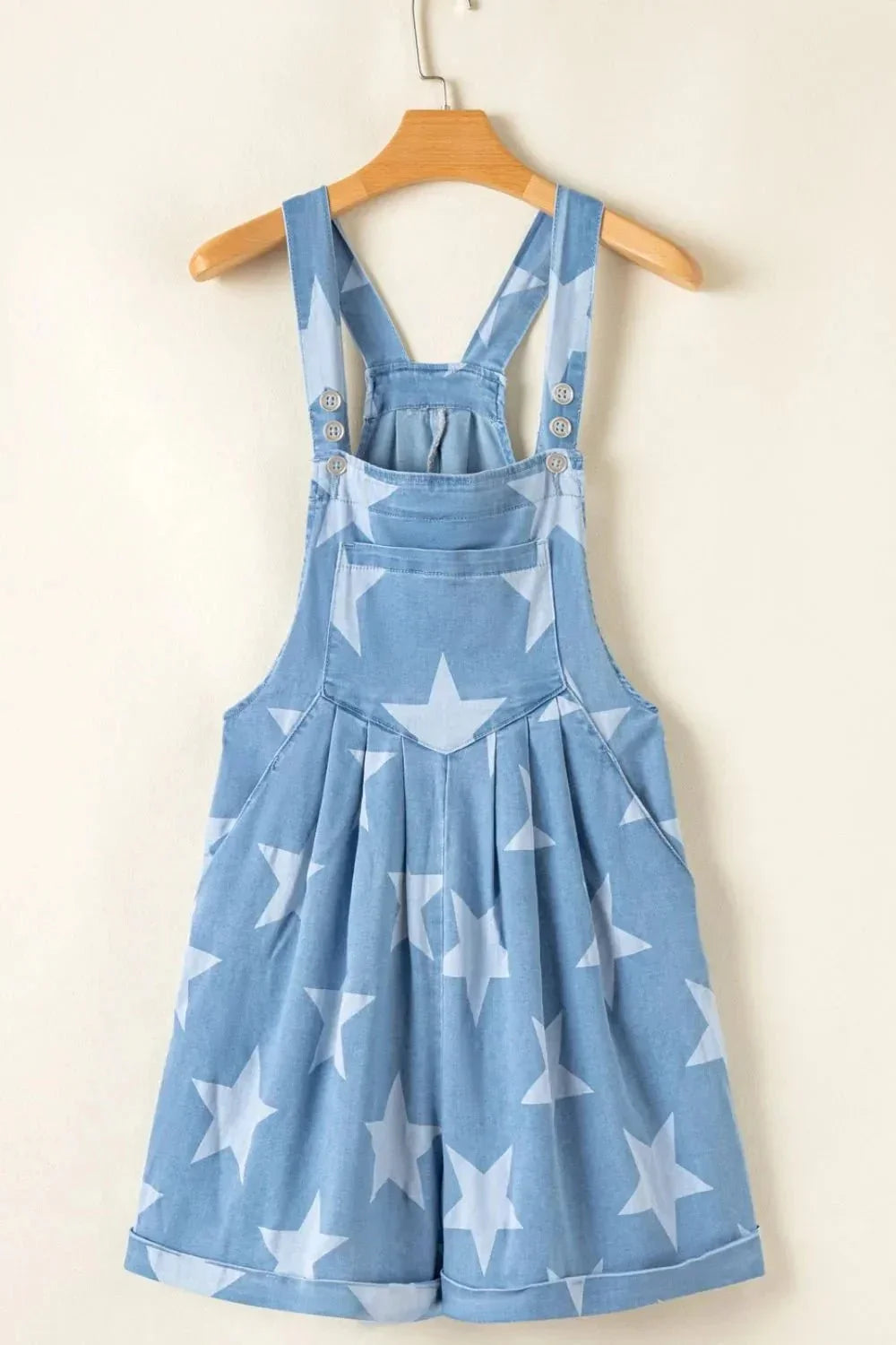 Star Print Square Neck Denim Overalls - VILLA FASHION